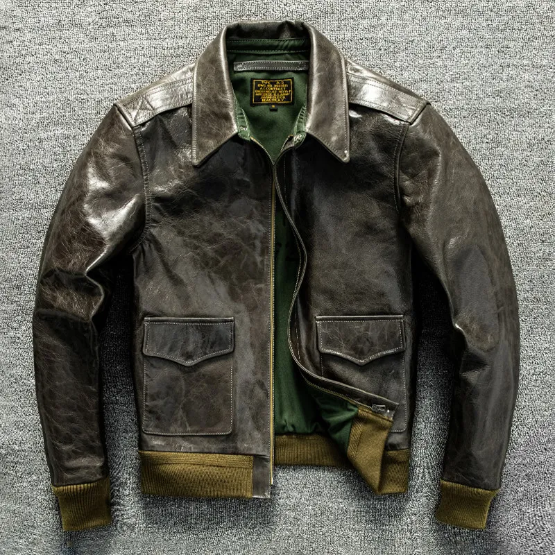 Olive Green Classic American Retro A-2 Flight Jacket Men's Short-Style Jacket Hybrid Goatskin Vegetable-Tanned Genuine Leather