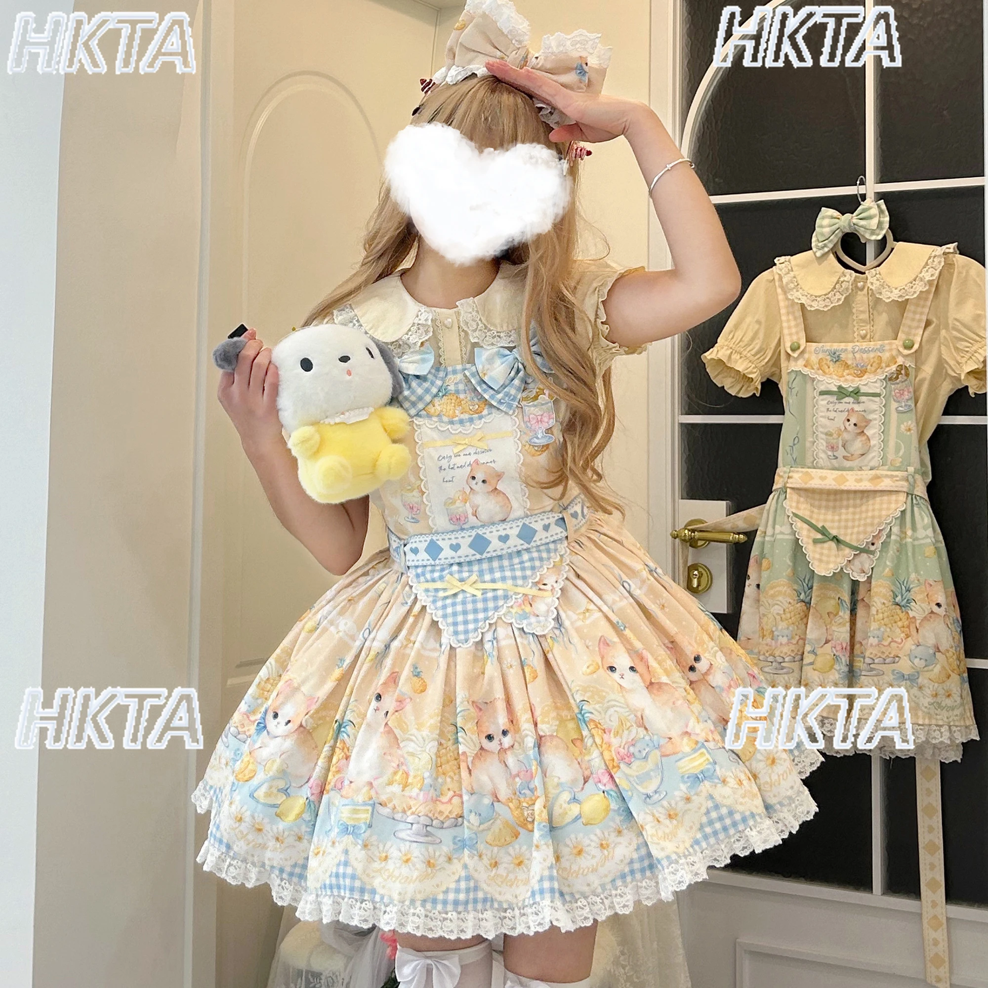 

Cute Cartoon Lace Patchwork Bow Lo Mini Dresses for Female Autumn Winter New Sweet Kawaii Waist Print Lolita Strap Dress Women