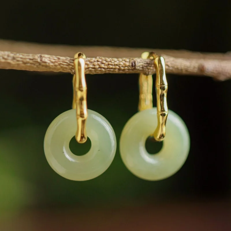 

Женские серьги из натурального нефрита Hetian S925, позолоченные зажимы для ушей, круглые серьги Peace Live