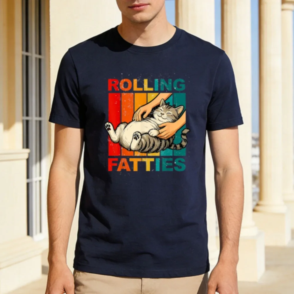 Rolling Fatties Cat Vintage Summer Men T-Shirt Cotton Casual Short Sleeve Fashion Top Gift for Cat Lovers Unisex Clothes