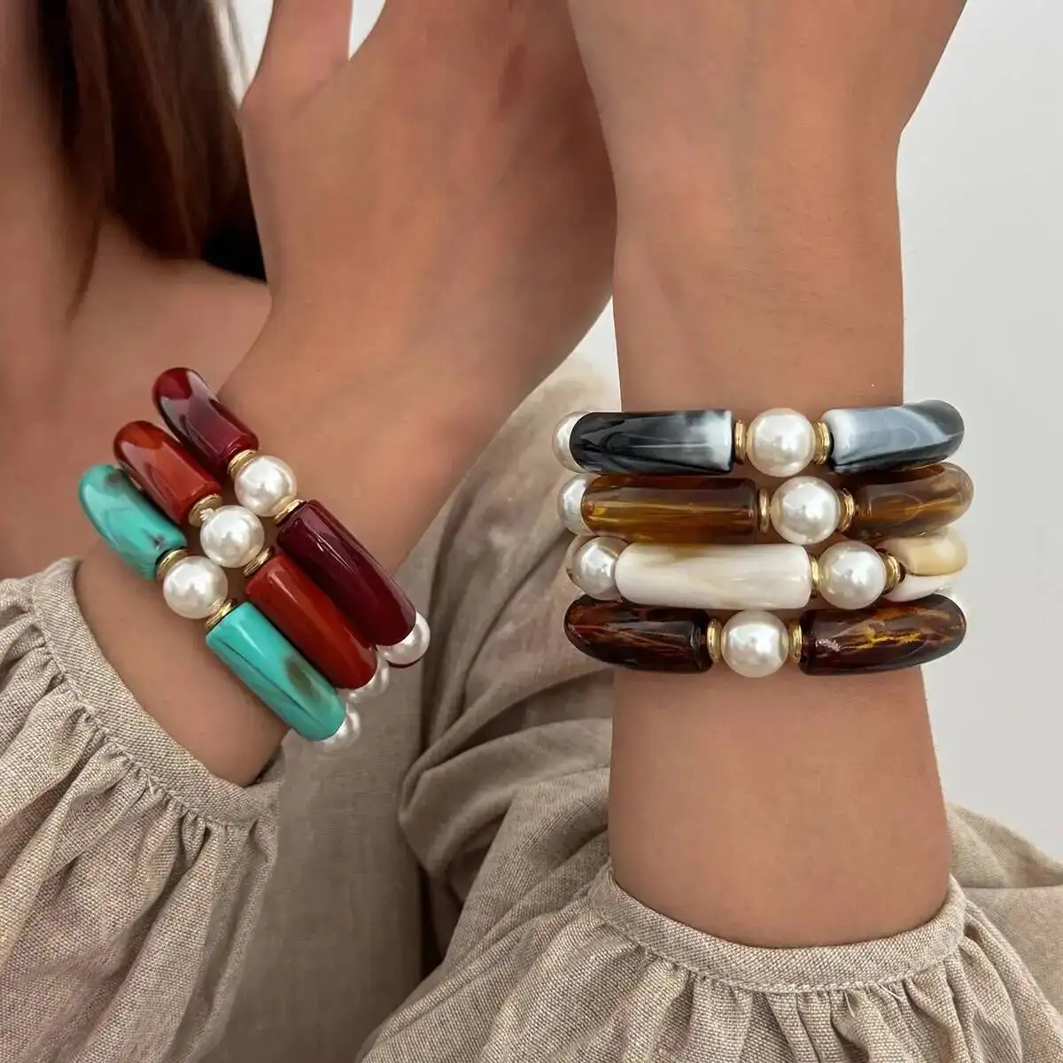 IngeSight.Z 7 Farben Vintage Imitation Perle Elastische Seil Armreif Frauen Boho Übertrieben Geometrische Acryl Harz Armband Schmuck