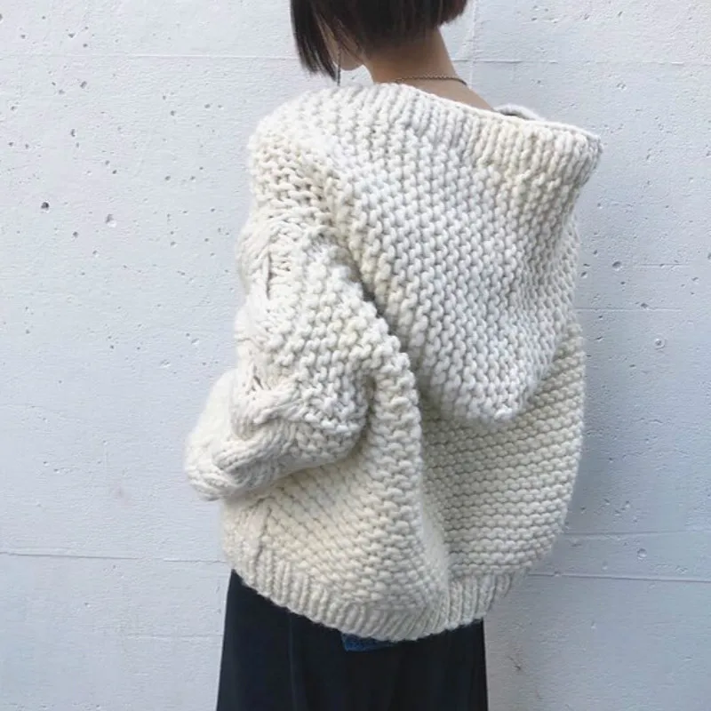 Chic Hooded Cross Twist Flowers Hooked Sweater Cardigan Loose Handmade Coarse Wool Thick Crocheted Knit Jacket Coat Tops Ins