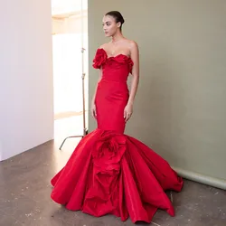 Elegant Red Floral Mermaid Evening Dresses With Handmade 3D Flower Strapless Long Satin Evening Gowns Lace Up Back