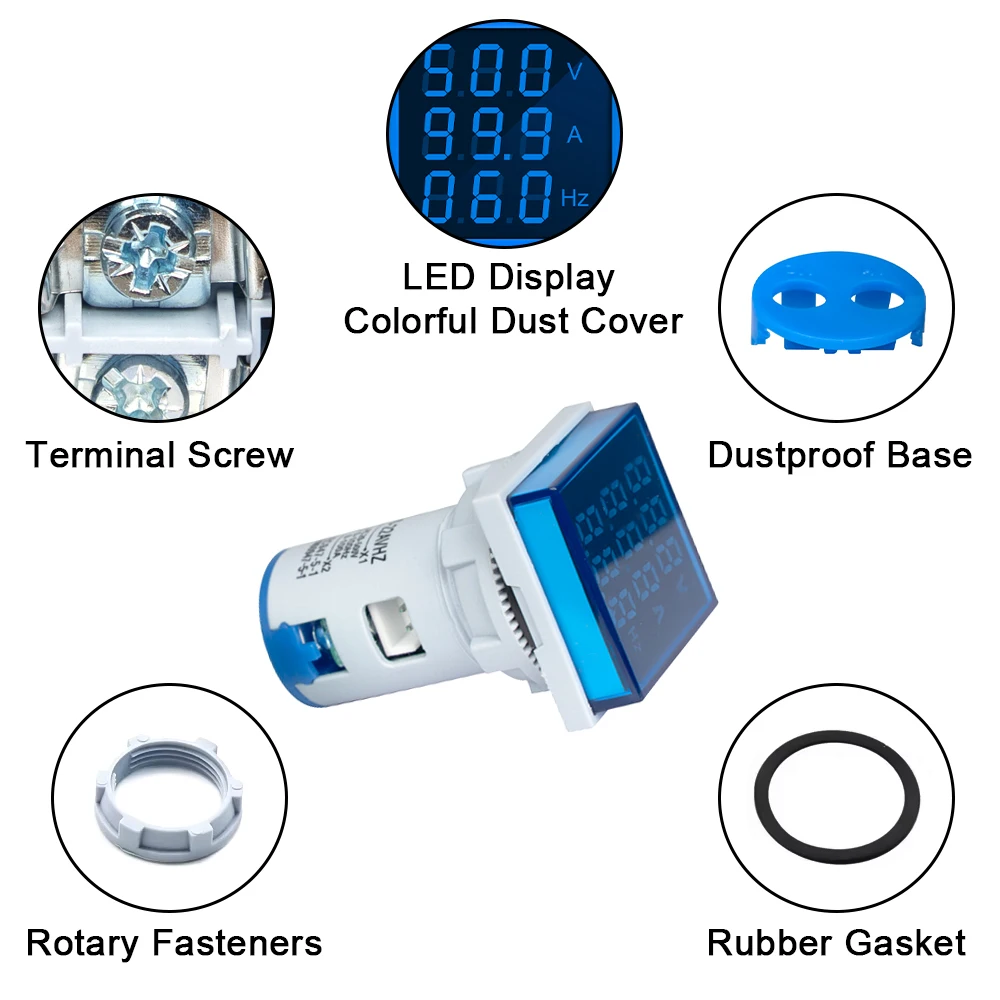 Square LED Digital Voltmeter Ammeter Hertz Meter AC20-500V Signal Lights Voltage Current Frequency Combo Meter Indicator Tester