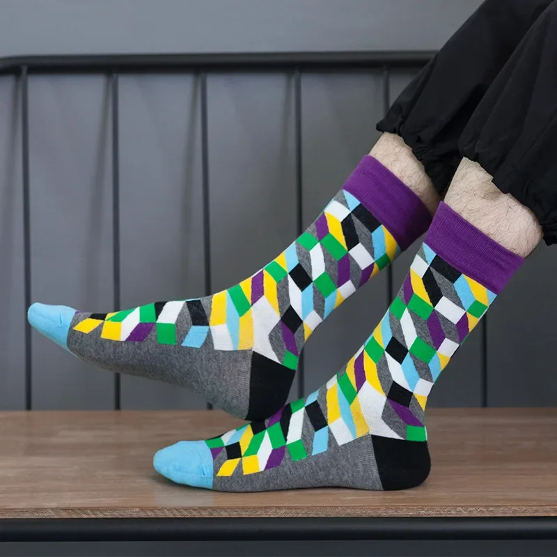 

1 Pair Fashion Couples Socks Geometric Pattern Color Block Patchwork Street Suit In All Seasons For Daily