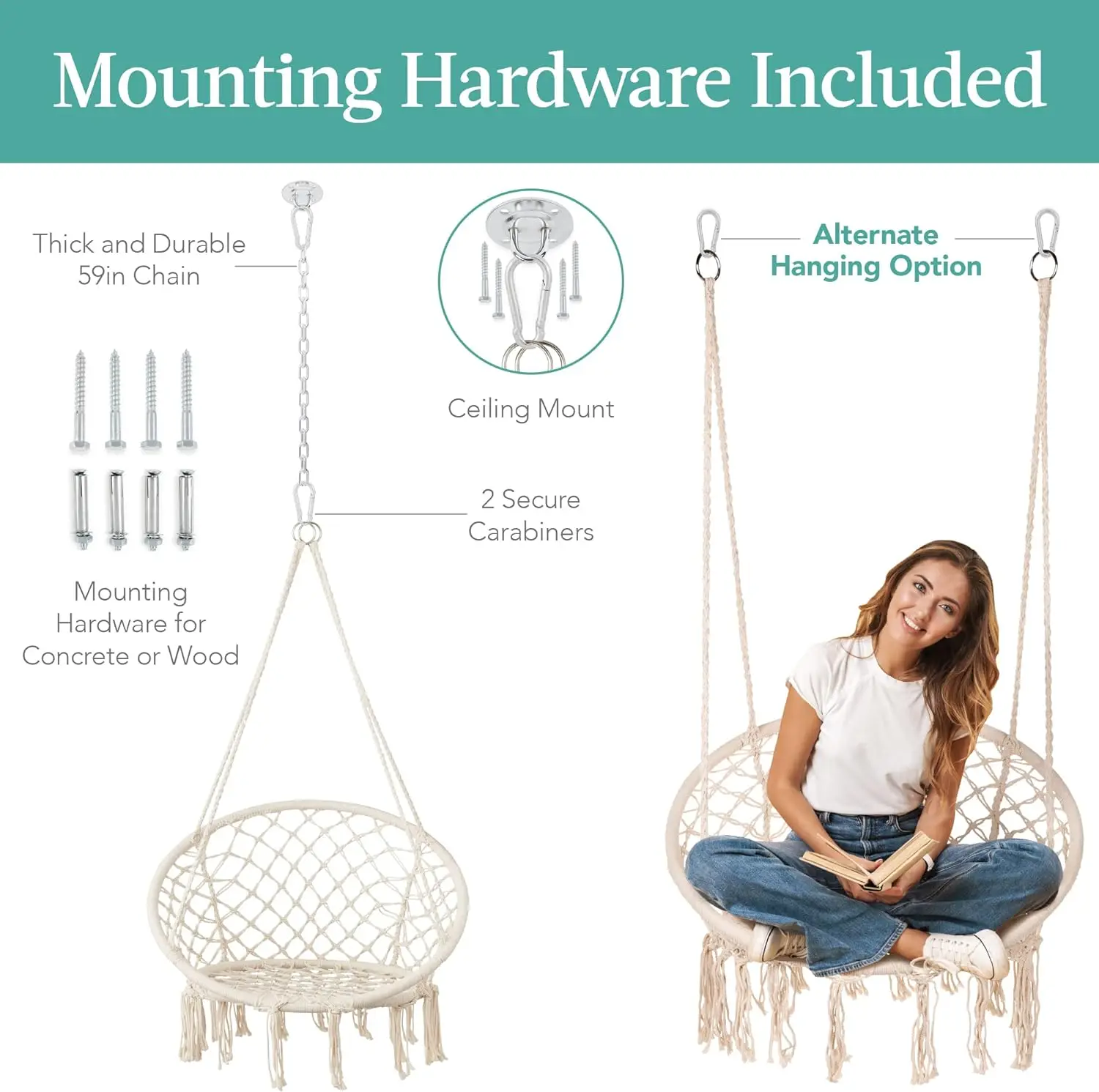 Silla colgante de Macramé, hamaca de algodón tejida a mano, columpio para uso interior y exterior con Hardware de montaje, productos de la mejor elección