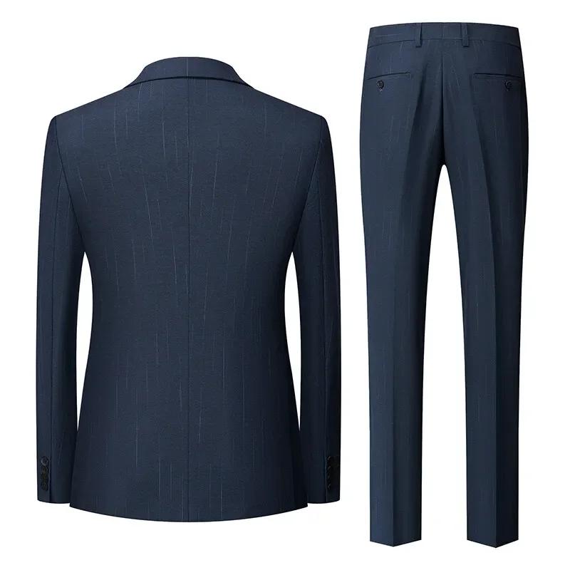 Deep Blue Mens Suit 3 Piece, Wedding Party Dress Jacket and Vest with Pants, Asian Size S-3XL,Pinstripe Decoration Slim Men Sets