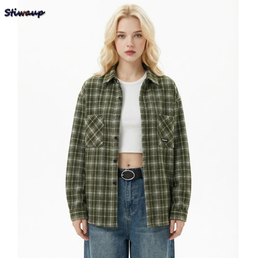 

Женская клетчатая рубашка зеленого цвета, повседневная, оверсайз, блузка, весна 2026, новая дизайнерская модель, люксовый бренд, блузка с длинным рукавом для женщин