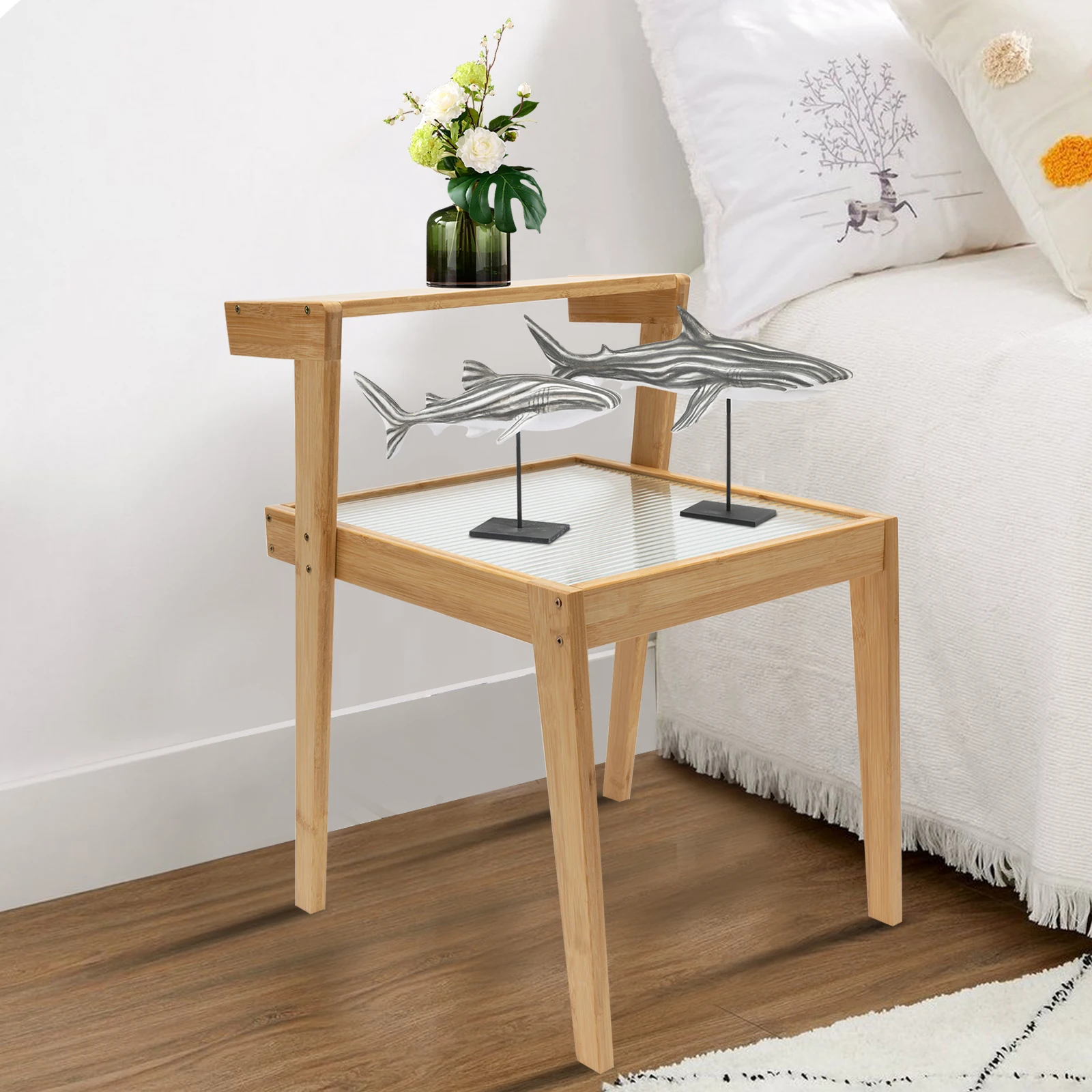 Side Table Brown Night Stand Z-Shaped Glass Small End Table Natural Bamboo Bedroom Coffee Table for Living Room or Bedroom