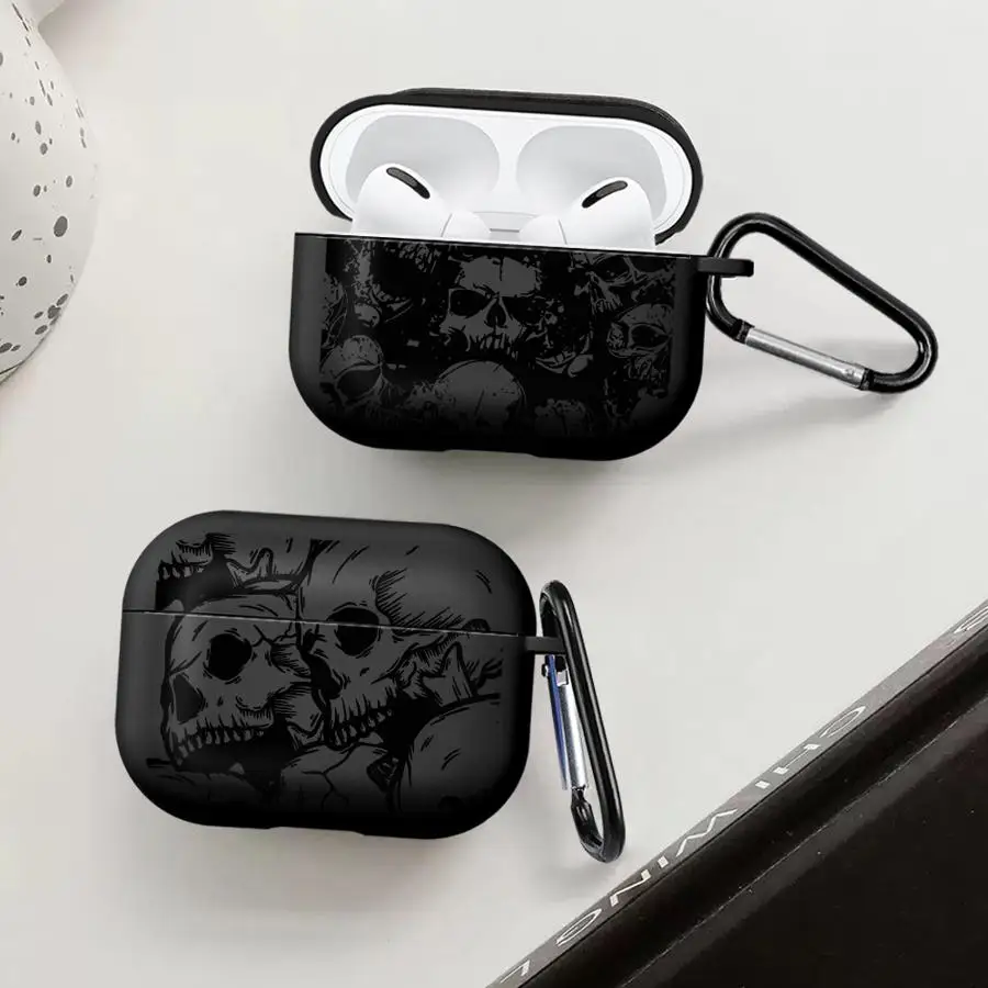 Hülle für Airpods 1 Pro2 2 Pro3 4 3 Pro Kopfhörerhüllen mit vier gruseligen Totenkopfmustern in Schwarz