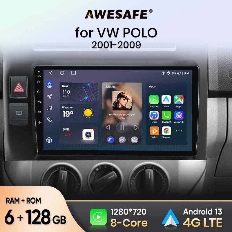 AWESAFE Android 13 Auto Radio for Volkswagen Polo Mk4 IV 4 2001-2009 Wireless CarPlay Multimedia