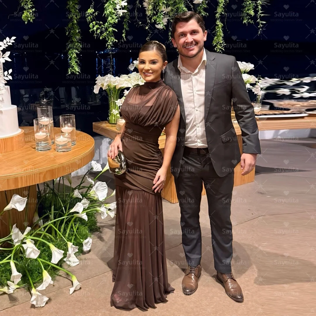 

Sayulita Saudi Women Prom Dresses High Collar Special Occasion Dress Long Ruched Chiffon Evening Party Gowns Customized