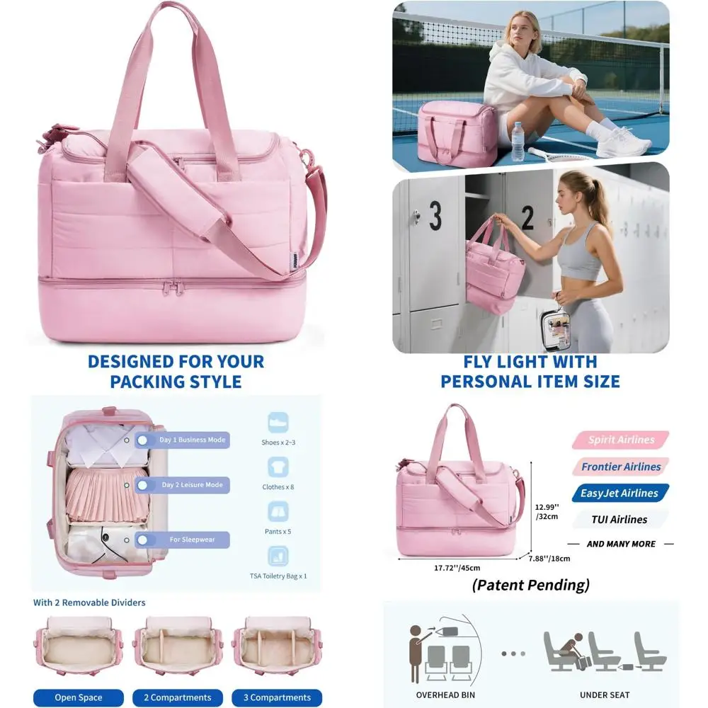 

Легкая женская дорожная спортивная сумка-пуховик с отделением для обуви и сумкой для личных предметов, одобренной TSA, 18x14x8 дюймов