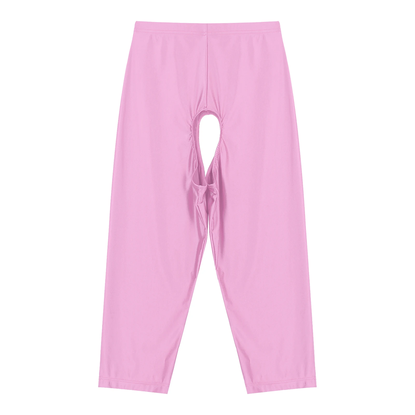 

Glossy Women's Knee Length Crotchless Capri Pants Athletic Leggings Yoga Sport Workout Biker Shorts Smooth Short Pants Underwear