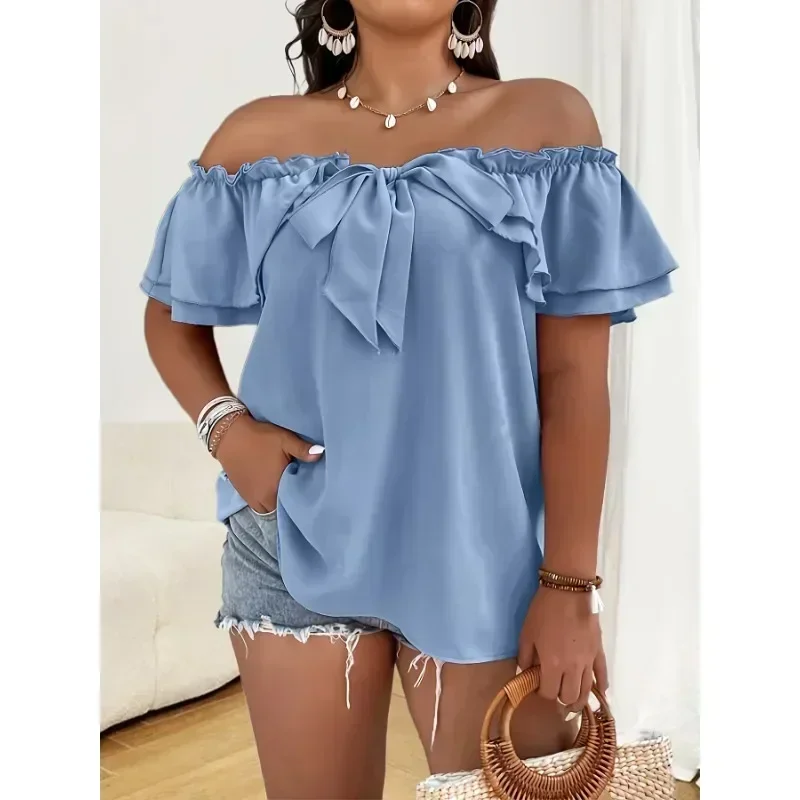 

Women's Plus Size 1XL-5XL Summer Casual Temperament Solid Color Ladies Fashion Short Sleeve Shirt One Shoulder Bow Top