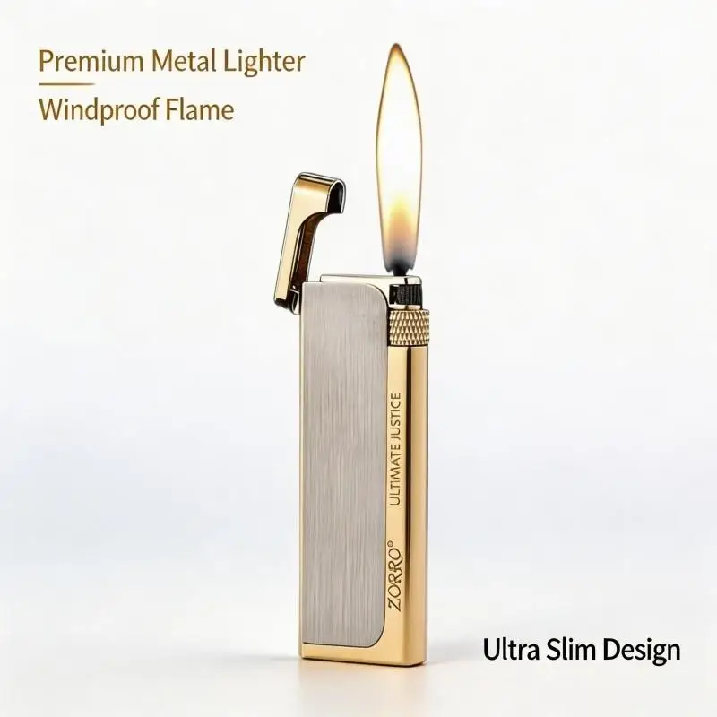 ZORRO Slim Side Slip Grinding Wheel Butane Lighter Pure Copper Zinc Alloy Smoking Gift