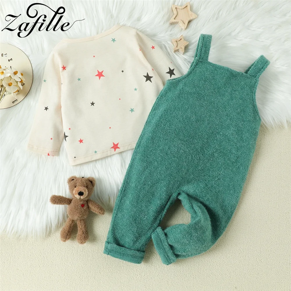 ZAFILLE 2Pcs Baby Boys Clothes Set Stars Print Top+Solid Overalls Cute Kids Toddler Costume Autumn Baby Outfit Children Clothing