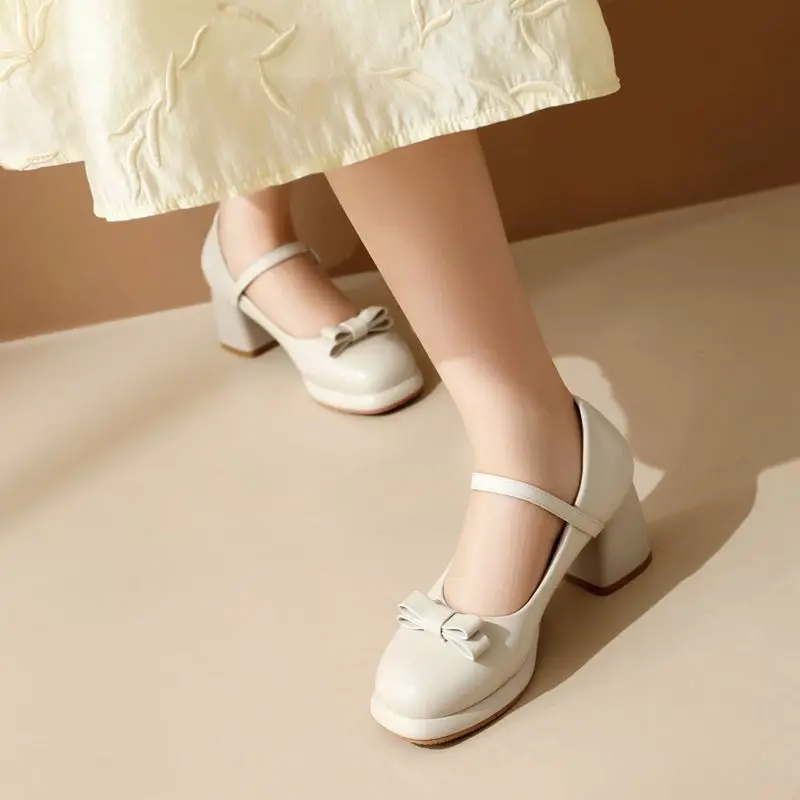 Girseaby Mary Janes Women Pumps Round Toe Block Heels 6.5cm Platform Buckle Strap Bowknot Big Size 41 42 43 Sweet Dating Shoes