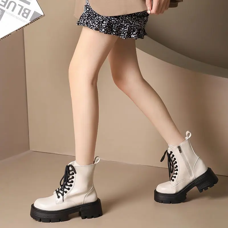 British Style Autumn Platform Shoes for Women Fashion Lace Up Round Toe Ankle Boots for Women Chunky Heel Ladies Short Boots