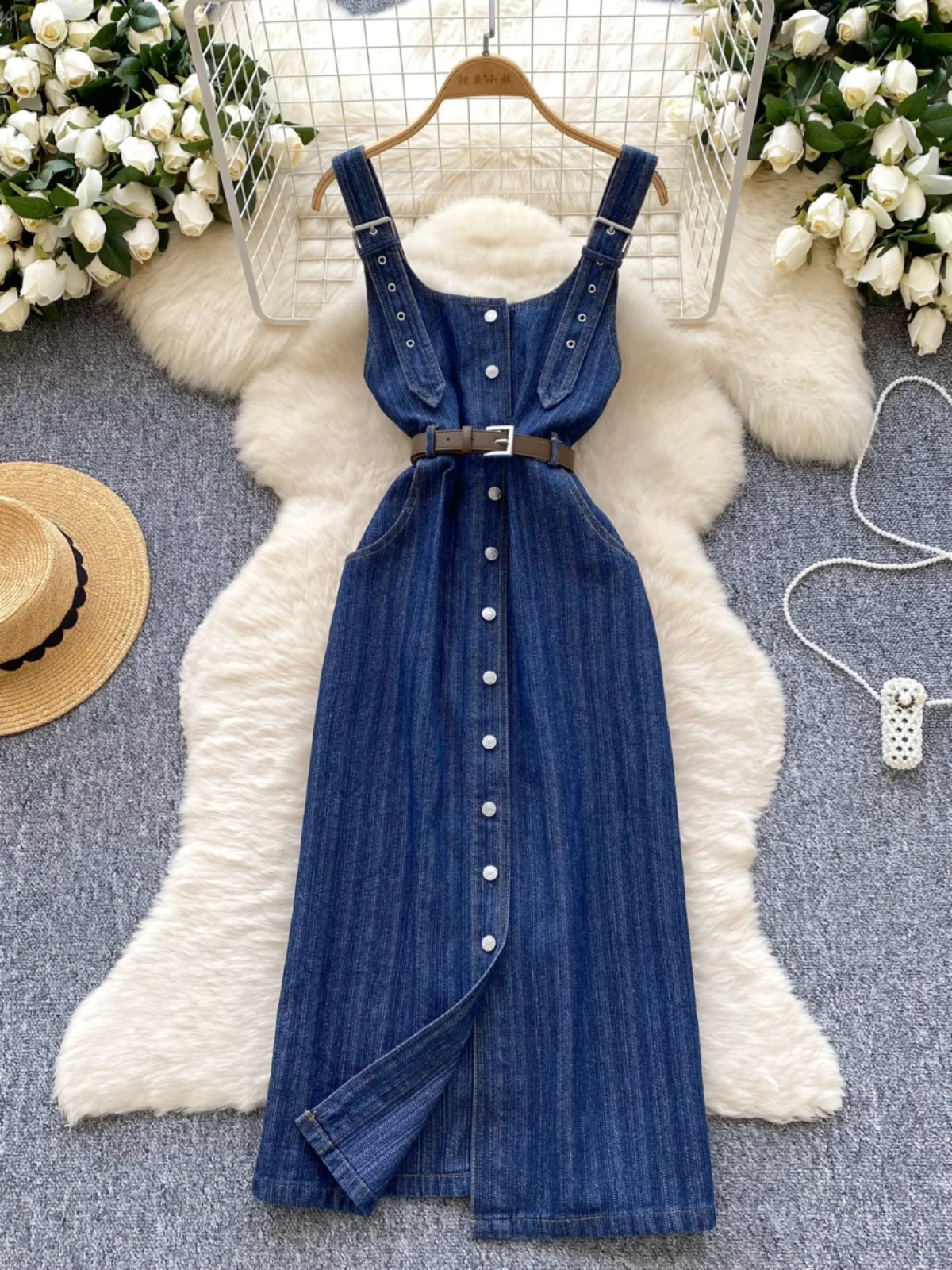 

Женское джинсовое платье без рукавов, облегающее платье с поясом, юбки с квадратным вырезом, однобортные летние модные длинные платья с открытой спиной