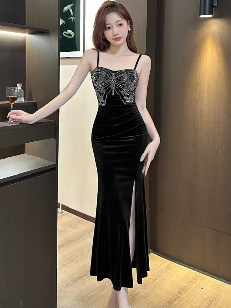 Women Red Velvet Diamonds Butterfly Square Collar Sling Dress 2025 Korean Vintage Luxury Evening Dress Autumn Elegant Prom Dress