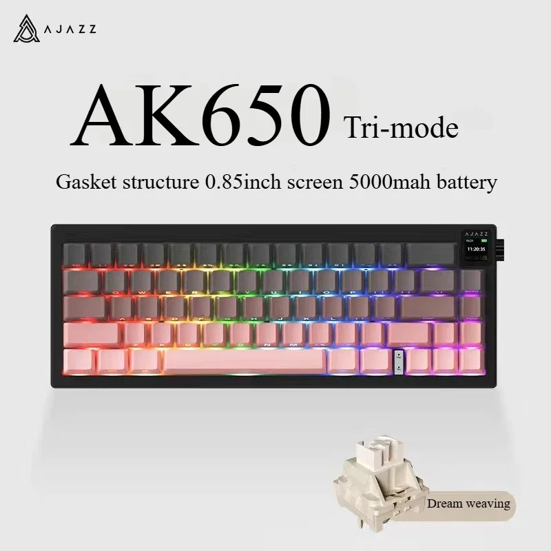 AJAZZ AK650 3mode Wireless Mechanical Keyboard 65% with Display RGB Customized Full-key Hot Swappable Knob for E-sport or Office