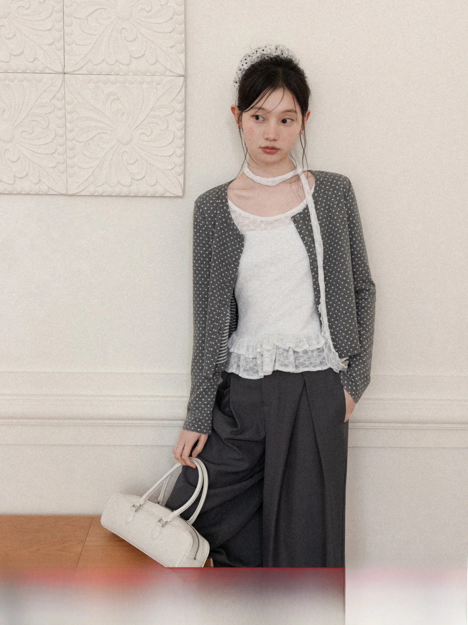 

Женский вязаный кардиган в горошек с длинными рукавами, весенняя повседневная свободная верхняя одежда с круглым вырезом и высокой талией