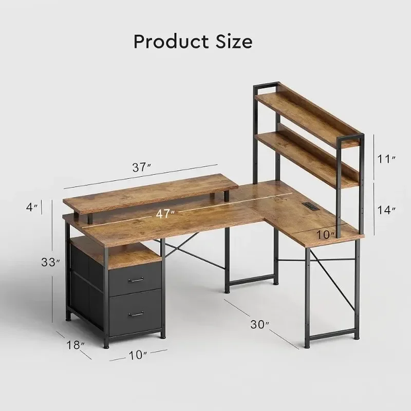 مكتب على شكل حرف L مع أرفف، مكتب كمبيوتر قابل للعكس مع أضواء LED ومحطة شحن، مكتب زاوية للمكتب المنزلي مع شاشة