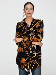 Women Print Long Sleeve Shirt Turn-down Collar Single Breasted Mid Length Version Shirt Loose Casual Office New Women's Clothes