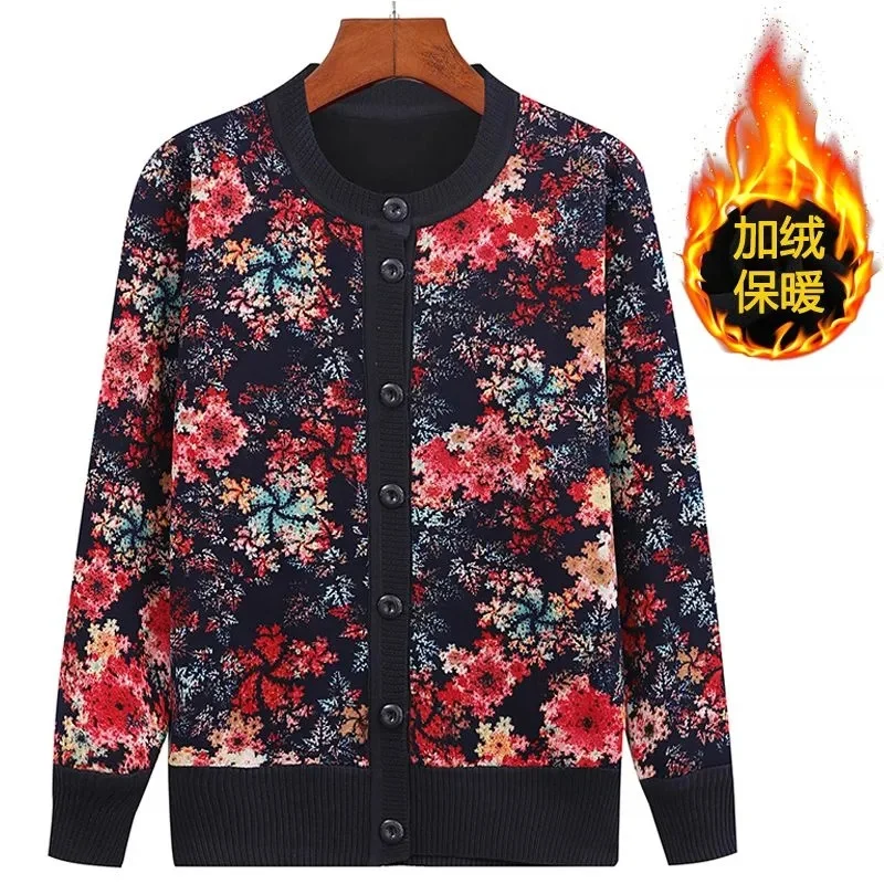 

Осенний женский бархатный свитер с длинными рукавами, топы 2025 г., женский вязаный кардиган с круглым вырезом для мам среднего возраста, большой размер 4XL