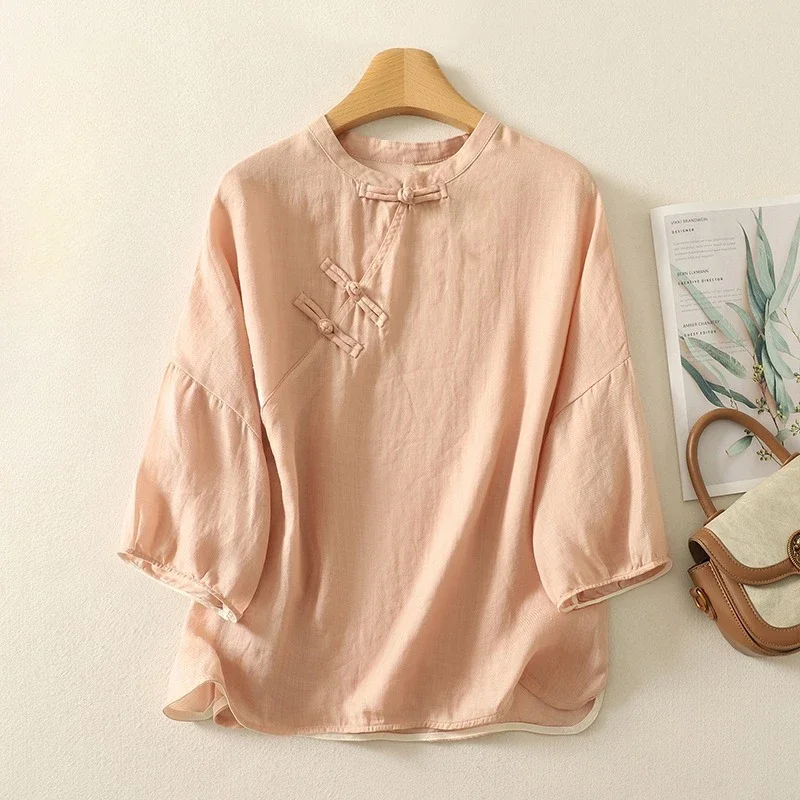 

Chinese Style Women's Blouse Solid Vintage Shirts Fashion Loose Summer Clothing Short Sleeve Cotton Linen Women Tops