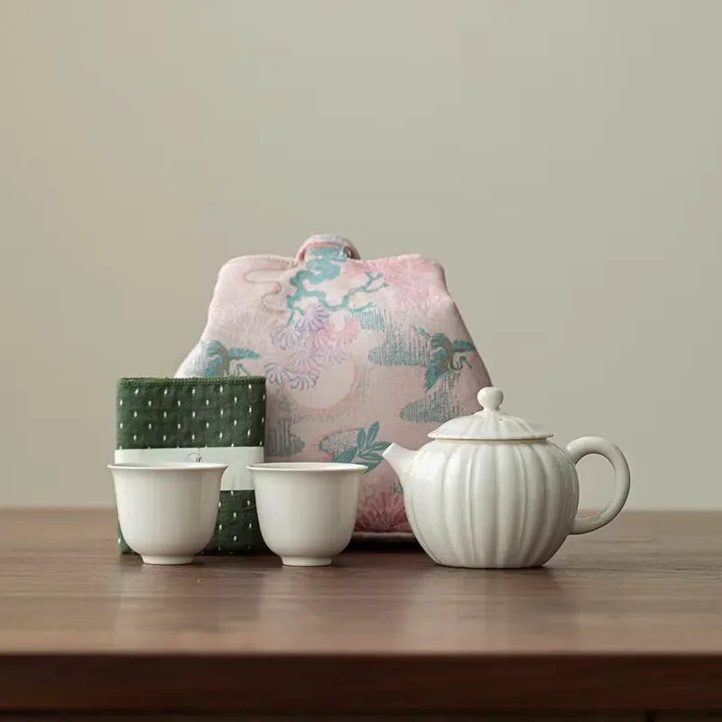 Portable Ceramic Travel Tea Set Handmade Gray Glazed Teapot Cup Kung Fu Gift for Family Holiday Custom Plant Design Compact