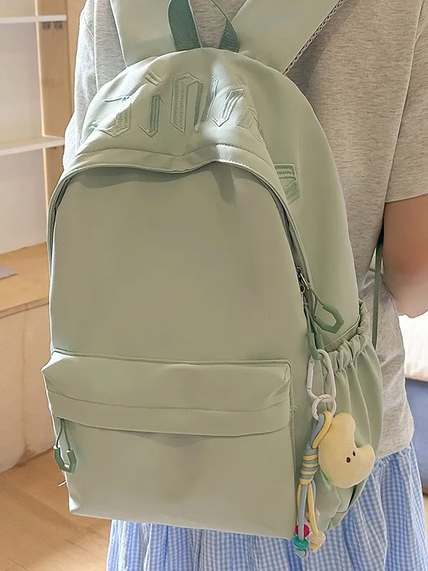 Korean Simple Embroidery Letter Backpack Solid Color Side Drawstring Large Capacity Girls Campus Casual Student School Bag