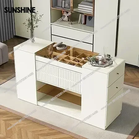

Modern Luxury Island Vanity Dresser, Multi-Functional Vanity Table with 6 Drawers and Open Shelves, Glass Tabletop, Display