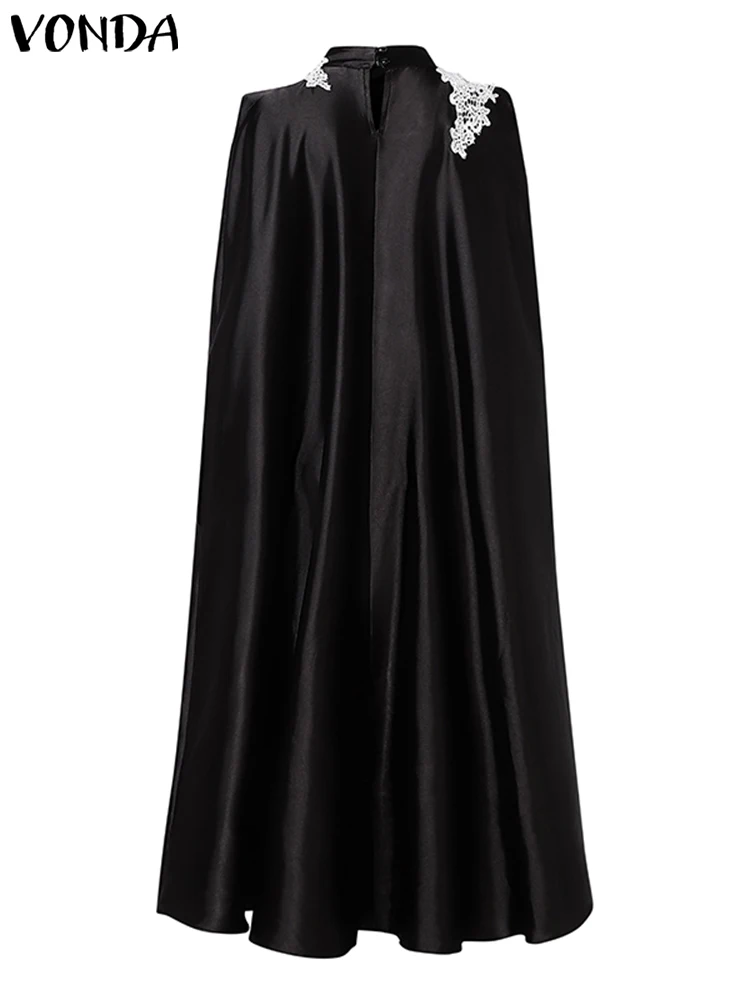 Plus Size 2024 Women Casual Long Dress VONDA High Collar Maxi Robe A-line Elegant Vintage Solid Color Long Sleeve Vestidos