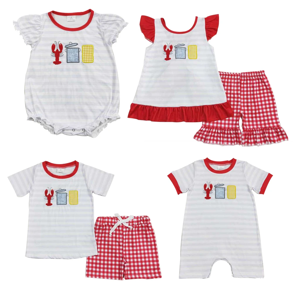 Wholesale Baby Boy Girl Summer Crawfish Set Clothing Short Sleeves Embroidery Stripes Tops Kids Plaid Shorts Children Outfit