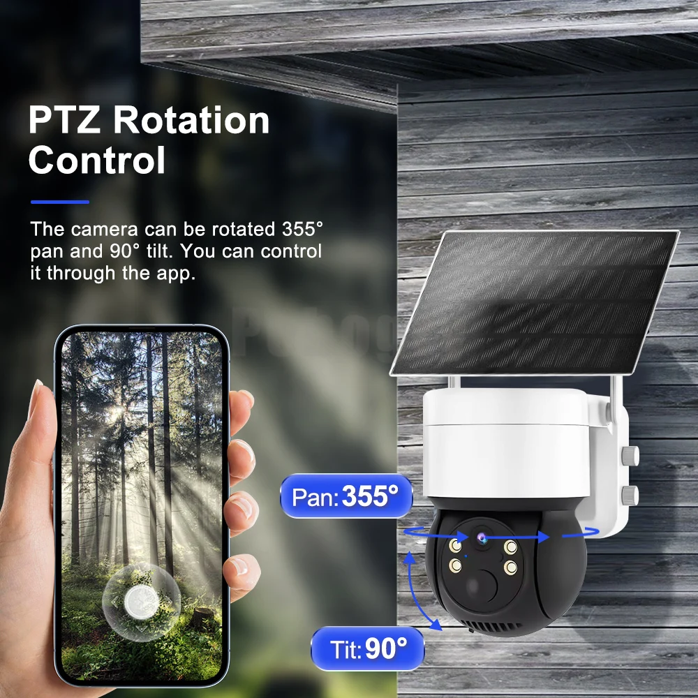 Câmera de vigilância de energia solar ao ar livre, PTZ, IP, WiFi, Painel de baixo consumo, Bateria embutida, Detecção Humana PIR, IP66