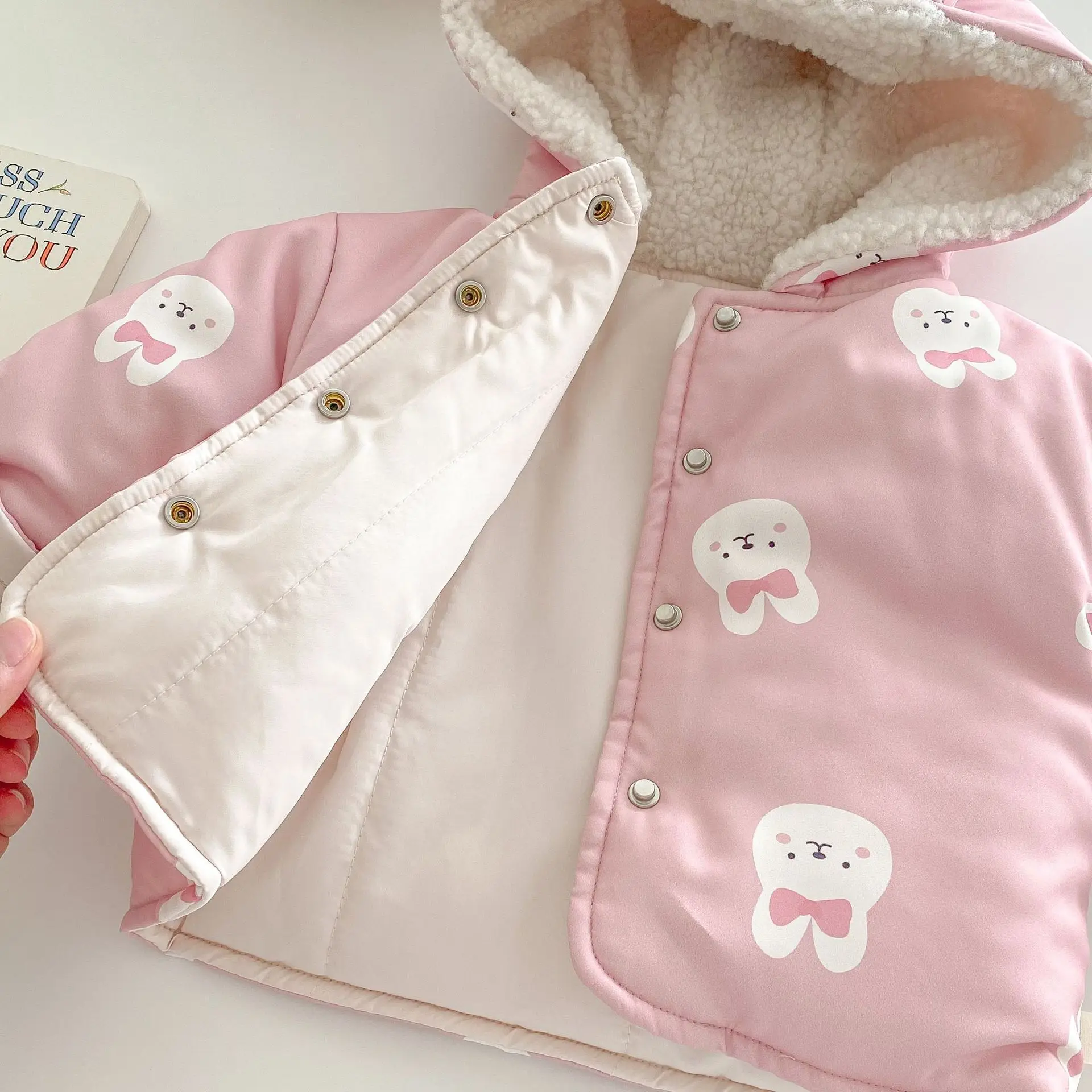 2024 Winter New in Kids Baby Girls Thicken Plush Warm Outwear ,toddler Children Cute Cartoon Bunny Hooded Top Jacket 0-5Y