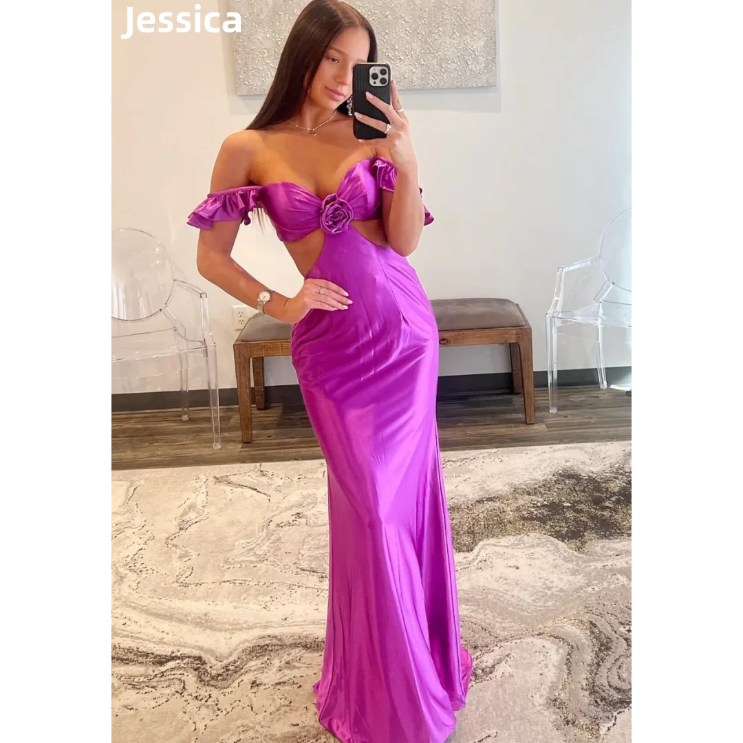 Jessica Purple Off-the-shoulder Prom Dresses Handmade Flower Waist Cut-outs Evening Dresses Mermaid Cocktail Dresses Party Dress