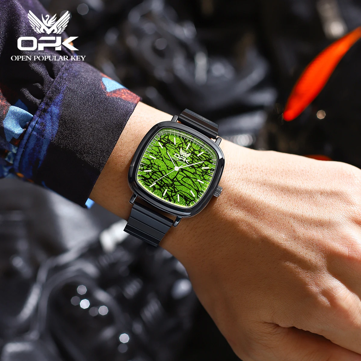 OPK 브랜드 야광 방수 레트로 사각 스틸 밴드 남성용 쿼츠 시계 8143