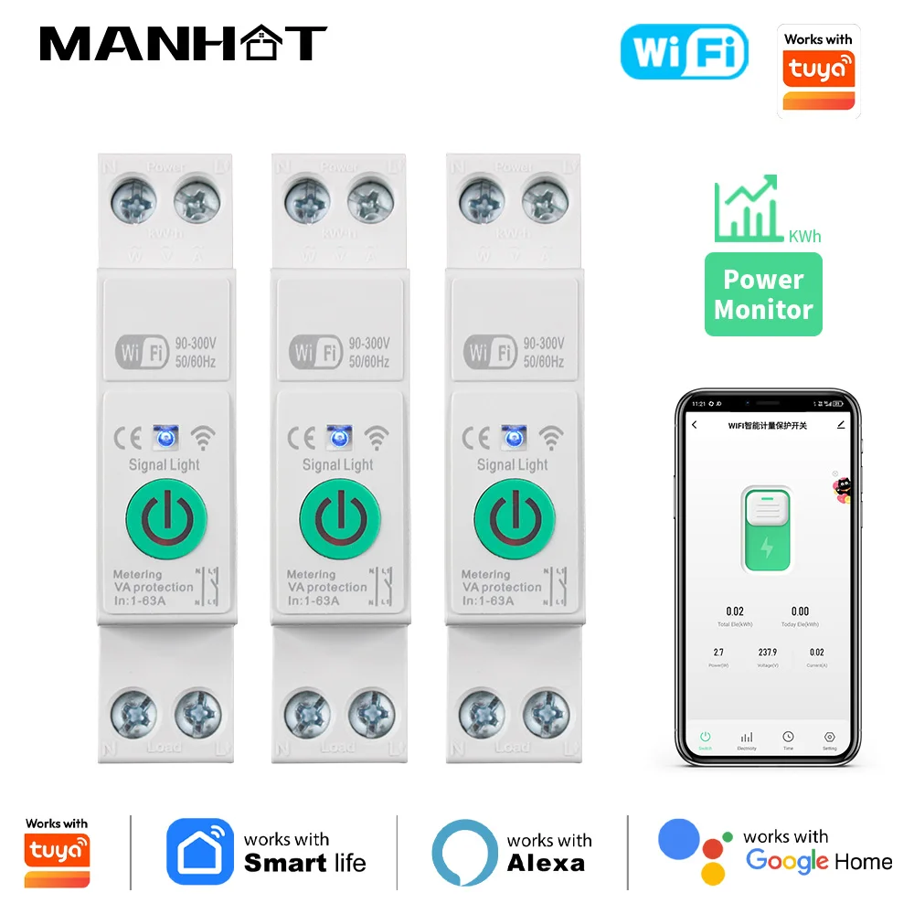 1-63A 1P+N WiFi Smart Circuit Breaker Switch Kwh Metering Timer Relay MCB Voltage Current Protect for Tuya Alexa Google Home