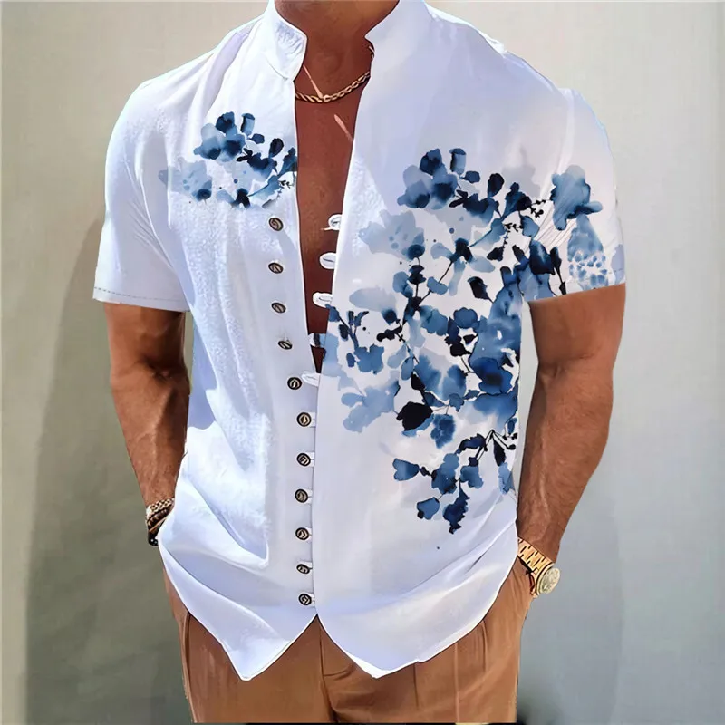 Men\'s Linen Shirt Floral Graphic Prints Stand Collar Outdoor Street Short Sleeve Print Clothing Apparel Linen Fashion