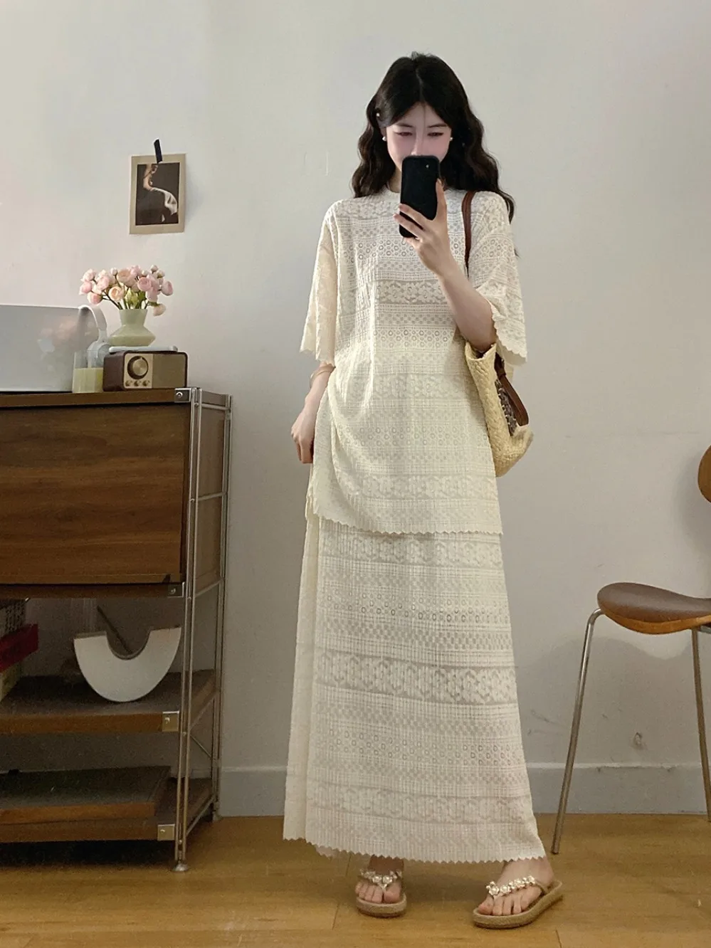 

plus Size Summer Casual Style Hollow out Short Sleeve T-Shirt High Waist Skirt Two Piece Set Women's Fashion Leisure Wear