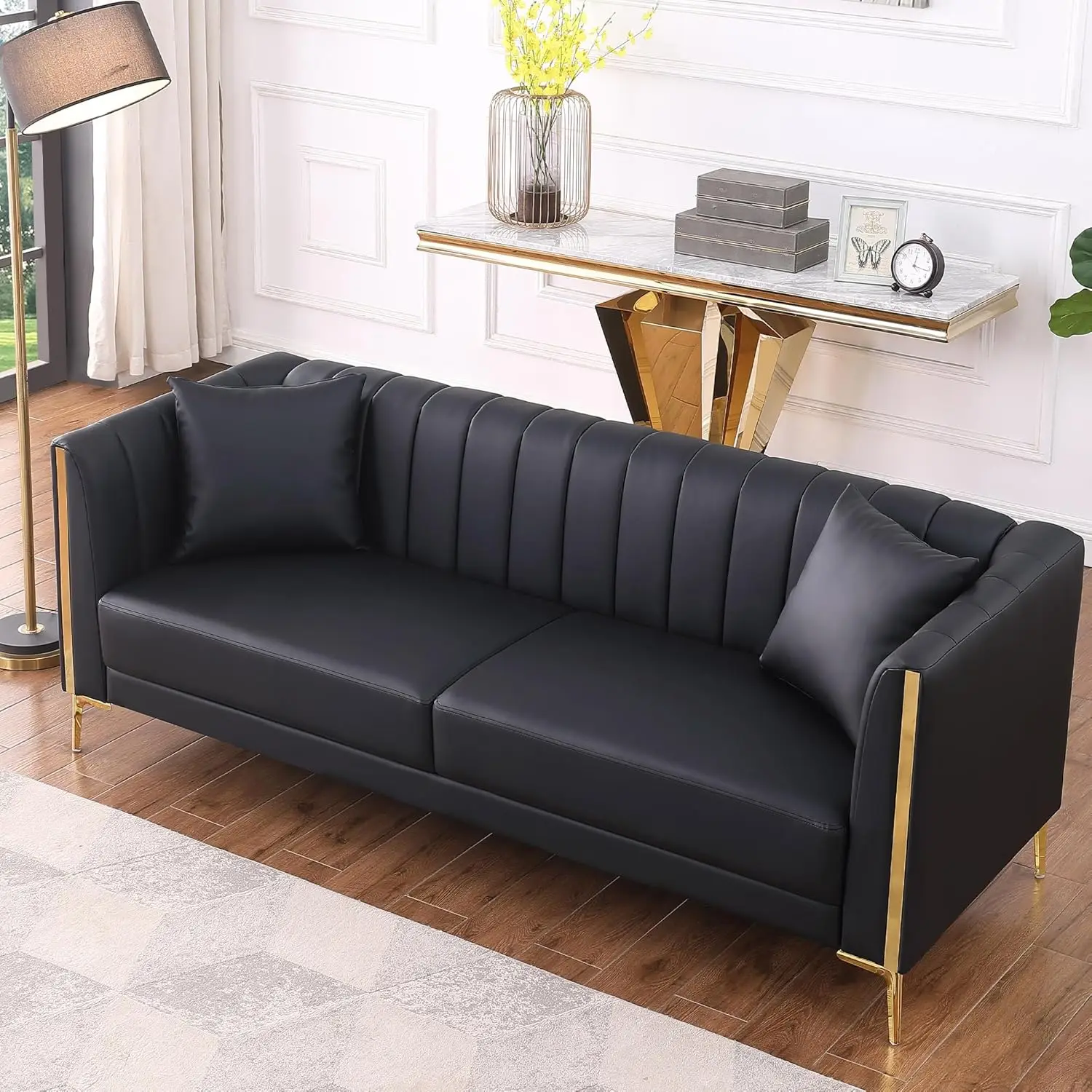 

78'' Black Sofas Couches for Living Room Comfy Sofa Faux Leather Sofa 3 Seater Sofa with 2 Throw Pillows and Gold Metal Legs