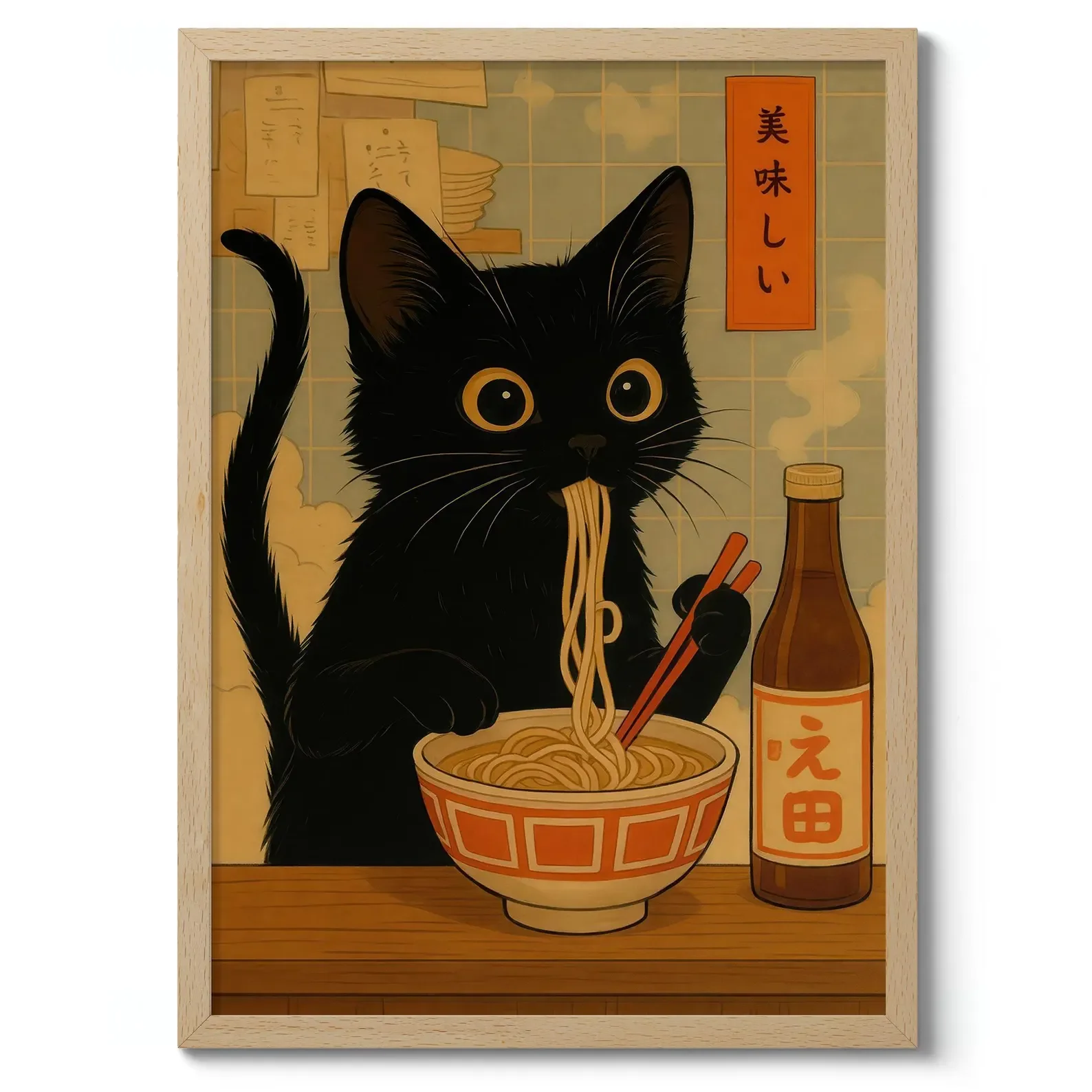 Noodle Cat Thief Anime Print, Japanese Poster, Wall Art Decor, Cat and Ramen Illustration, Cute Food Theme, Gift