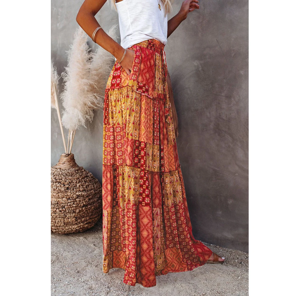 Bohemian High Waist Maxi Skirt Self-tie Elastic Pocket Long Skirt for Women  Summer  Holiday Beach Skirt AM5202