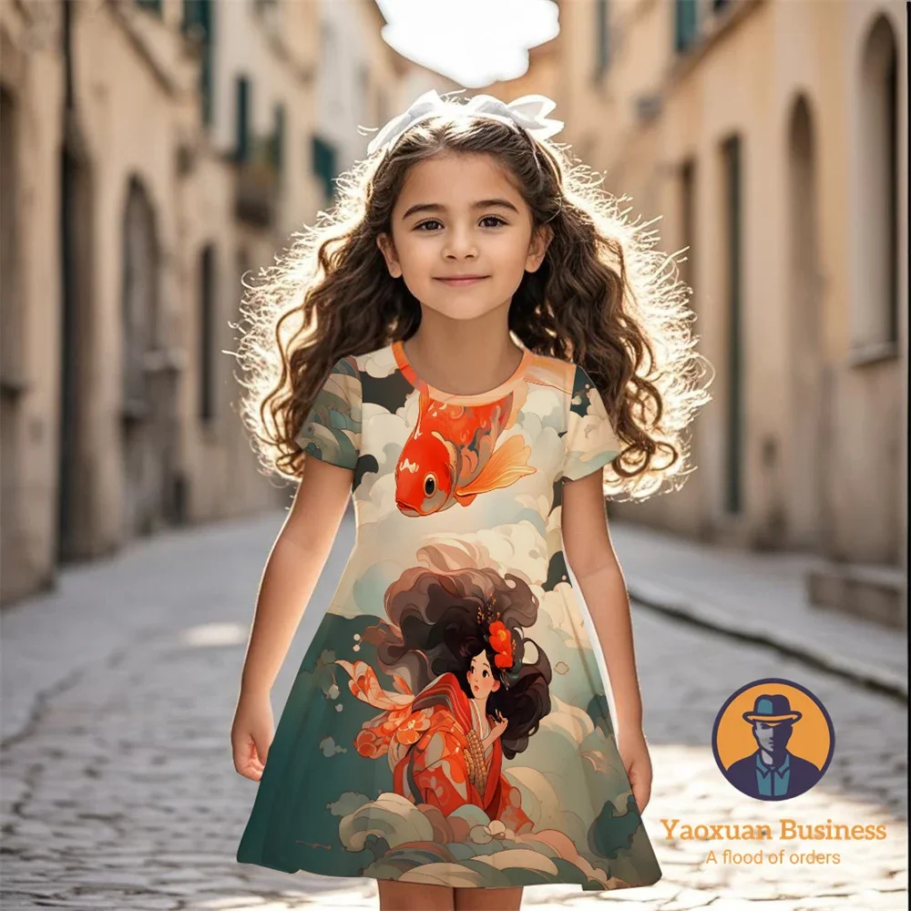 فستان أنيق مطبوع عليه رسوم كارتونية ثلاثية الأبعاد للفتيات من Ponyo لعام 2025، فستان صيفي لطيف ورائع جدًا ​