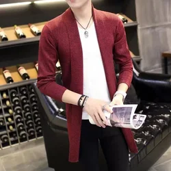 Elegant High Stretch Retro Cardigan, Men's Casual Vintage Style V Neck Open Front Overcoat Sweater Long Coat For Fall Winter