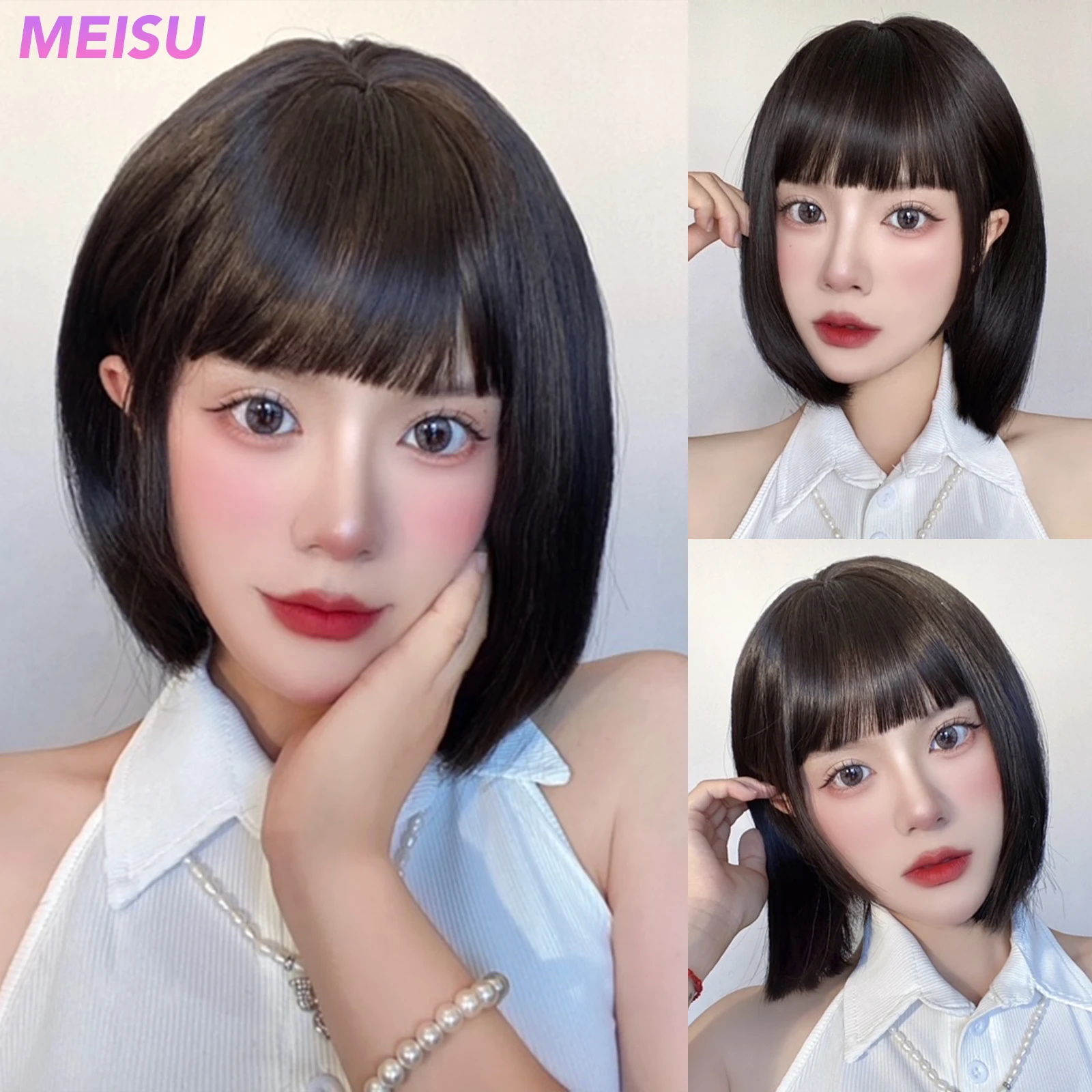 MEISU Bob 10 Inch Short Black Stairght Bangs Wig Fiber Synthetic Wig Heat-resistant Non-Glare Natural Cosplay Daily For Women