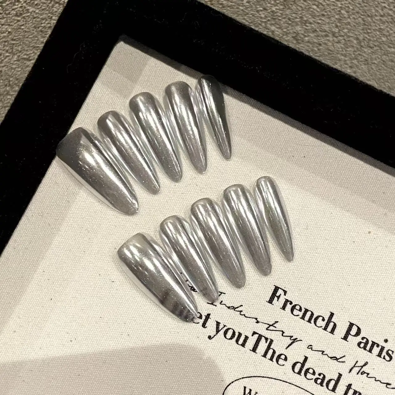 

10 шт., высококачественные зеркальные темно-серебряные накладные ногти ручной работы, длинные нашивки для украшения ногтей для женщин